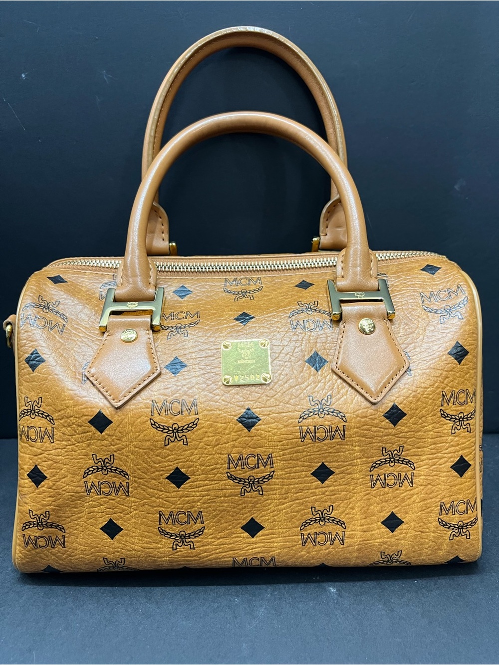 MCM Cognac Visetos Logo Top-Handle Satchel
with Sling